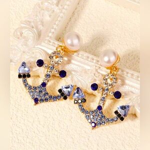 Gold and Blue Nautical Anchor Earrings with Crystals